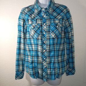 True Religion Blue Plaid Pearl Button Snaps Flannel Shirt sz Small